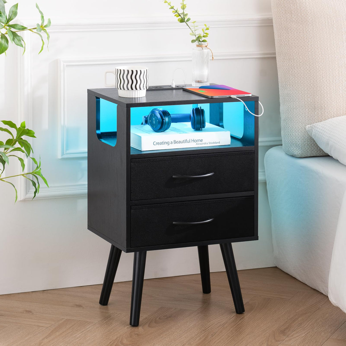 Yoobure LED Night Stand with Charger Station, Mid Century Modern Nightstand with Fabric Drawers, Bedside Table Nightstands with Storage Shelf, Bed Side Table Small Night Stands for Bedroom Living Room Yoobure