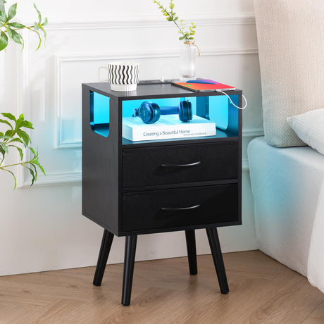 Yoobure LED Night Stand with Charger Station, Mid Century Modern Nightstand with Fabric Drawers, Bedside Table Nightstands with Storage Shelf, Bed Side Table Small Night Stands for Bedroom Living Room Yoobure