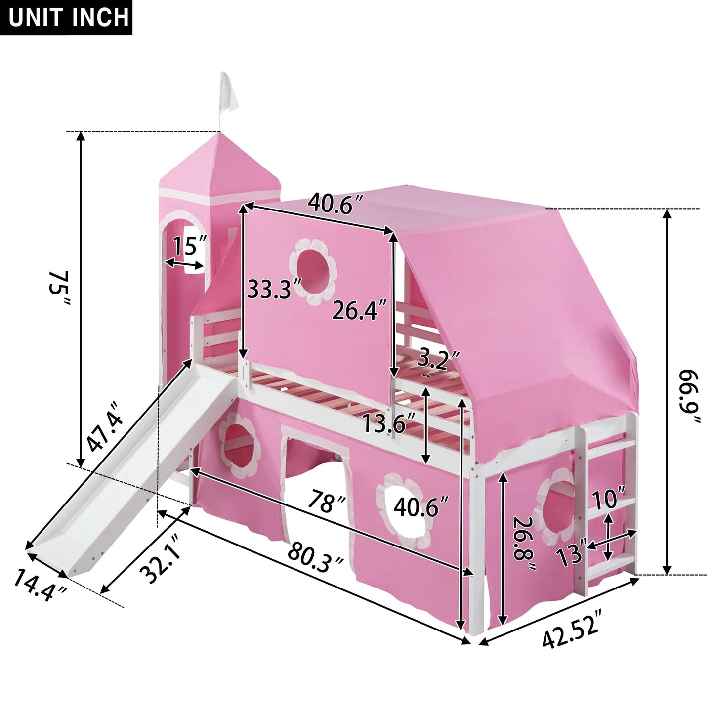 RuiSiSi Twin Loft Bed Frame with Slide Wood House Loft Bed with Ladder, Windows and Tent and Slide for Kids Bedroom, No Box Spring Needed, Pink