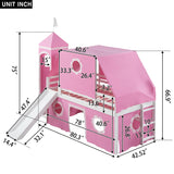Polibi Twin Size Castle Loft Bed with Slide & Pink Tent and Tower, Playhouse Design Spacious Under Bed Space with Curtains, Wood Tent Bed Frame for Kids Boys Girls Polibi