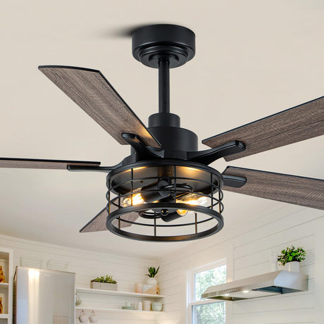 Curve Curio 46 Inch Farmhouse Ceiling Fan with Light and Remote Black Industrial Ceiling Fan Quiet and Reversible DC Motor Rustic Caged Chandelier Fan for Living Room Bedroom Patio Curve Curio