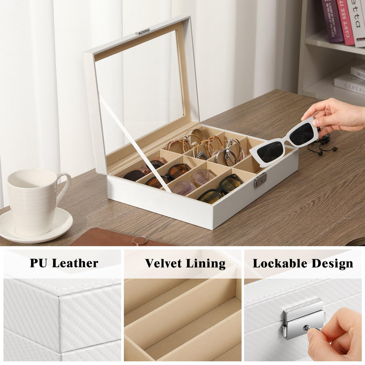 MoKo Sunglasses Organizer with 8 Slots, Leather Sunglass Display Collection Holder Case with Drawer Clear Glass Lid, Lockable Eyeglass Glass Jewelry Watch Storage Box for Women Men, White MoKo