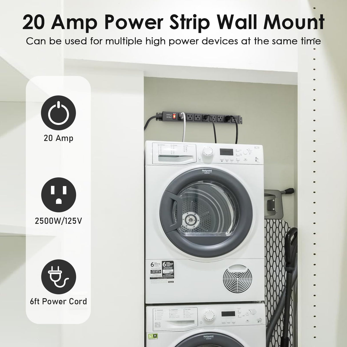 JUNNUJ 20 Amp Power Strip Surge Protector 4800J, Heavy Duty 8 Outlet Metal Multi Angle Mount, 20A Garage Power Strip Shop 6-20R T-Slot, 5-20P Plug 12 Gauge Extension Cord 6ft for Appliance JUNNUJ