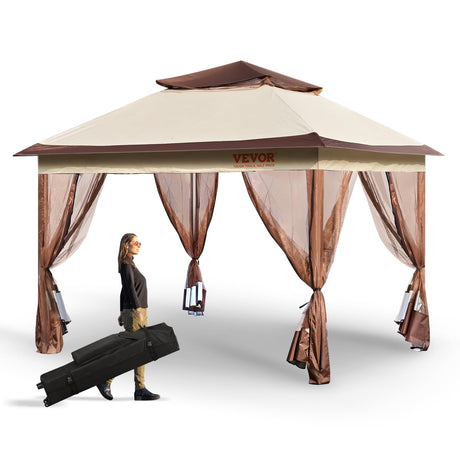 VEVOR Pop up Gazebo for 8-10 Person, with Mosquito Netting, Metal Frame, and PU Coated 250D Oxford Cloth, Outdoor Canopy Shelter for Patio, Backyard, Lawn, Garden, Deck, 11 x 11 FT, Brown VEVOR