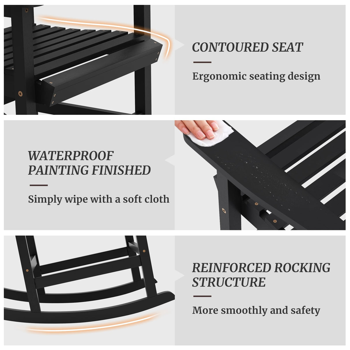 Cozyman Outdoor Rocking Chairs Set of 2, Acacia Wood Rocking Chairs, Patio Rocker Chair with Wide Seats, Black Cozyman