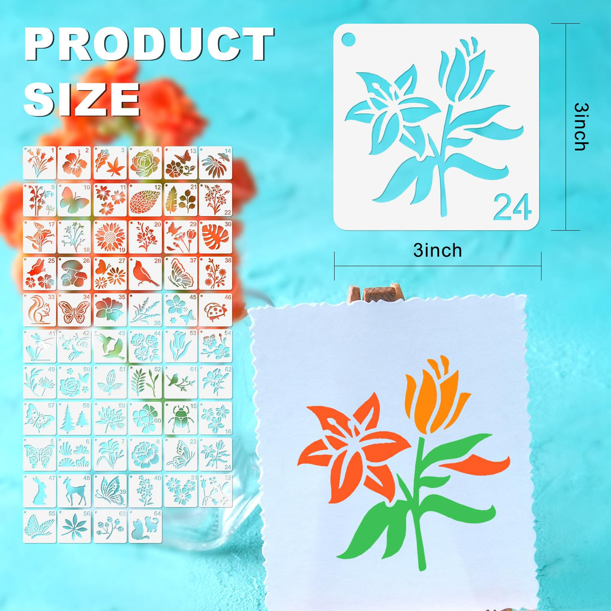 64Pcs Stencils for Painting on Wood, Reusable Stencil Crafts Drawing Templates, 3 Inch Stencil for Craft Ornament, Wall Paper Stencil Set for DIY Art Rock Wall Canvas Scrapbook Home Decor Pinsit