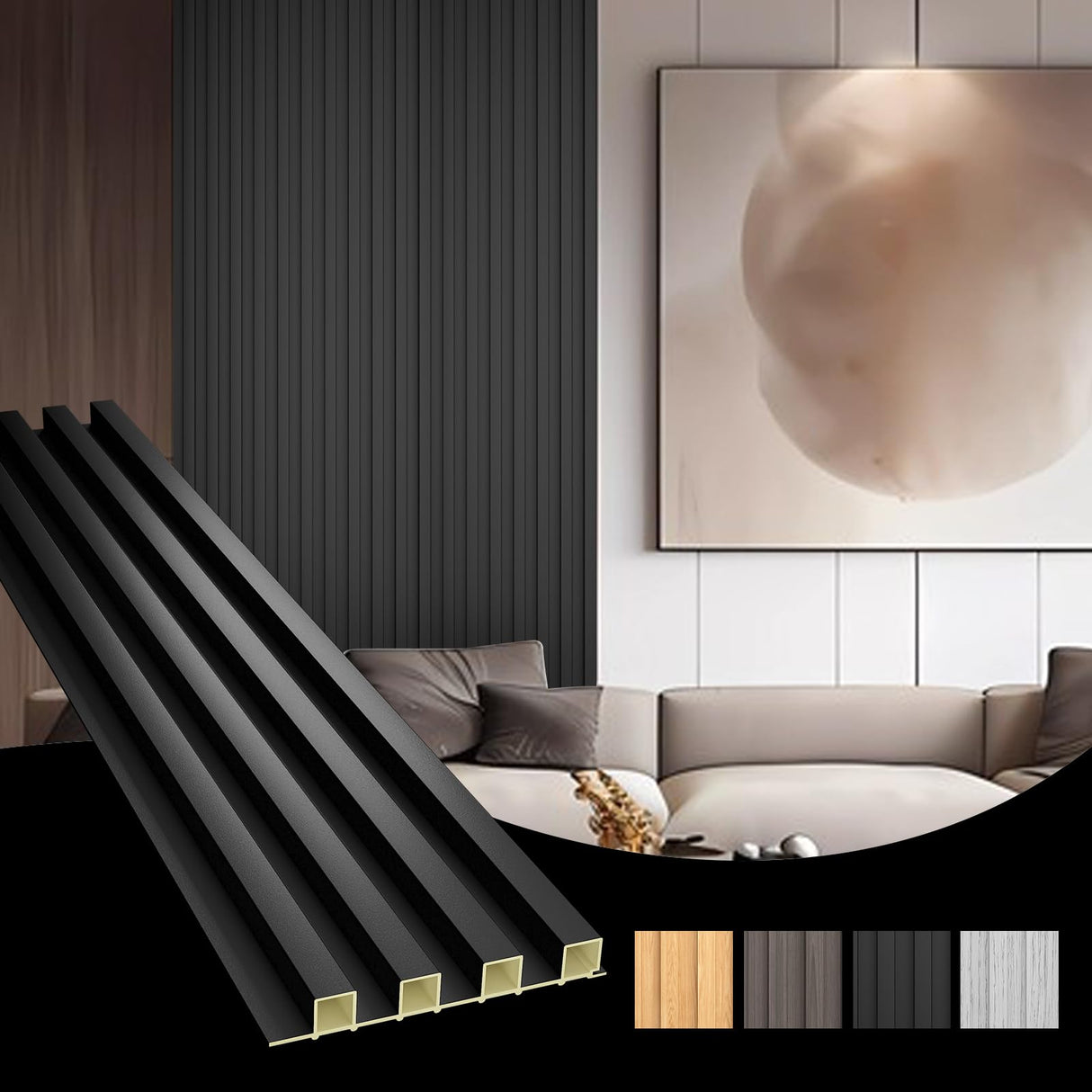 OUZUGIE WPC Acoustic Slat Wall Paneling, 8-Pack 96 x 6 Inches 3D Wall Panels for Interior Wall Decor,Living Room,TV Background,Study Room,Office Spaces,Bedroom,High Grille (Black) OUZUGIE