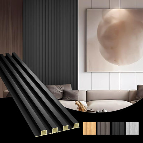 OUZUGIE WPC Acoustic Slat Wall Paneling, 8-Pack 96 x 6 Inches 3D Wall Panels for Interior Wall Decor,Living Room,TV Background,Study Room,Office Spaces,Bedroom,High Grille (Black) OUZUGIE