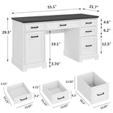 Farmhouse Executive Desk with Drawers and Charging Station,55.1" White Home Office Computer Desk with File Drawers Storage Cabinet, Morden Wood Table Study Workstation for Work Study Writing (White) Alohappy