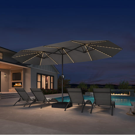 PURPLE LEAF 15ft Patio Market Umbrella with Solar LED and Base Double-Sided Rectangle Outdoor Table Sun Umbrellas with Crank for Pool Beach Deck Backyard Light Gray PURPLE LEAF