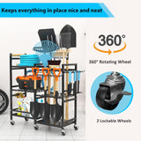 NADAMOO Garden Tool Organizer with Rolling Wheel, 3-tier Metal Shelf Yard Tool Holder, Utility Stand Rack for Garage Organization and Storage, Hold Long-Handled Rakes, Shovel, Broom NADAMOO