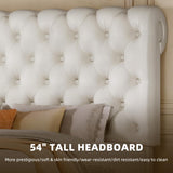 DWVO Queen Size Platform Bed Frame with 54" Tall Headboard, PU Leather Upholstered Platform Bed with Solid Wood Leg, Button Tufted, No Box Spring Needed, Easy Assembly, Beige DWVO