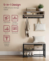 VASAGLE Coat Rack Shoe Bench Set, Hall Tree with Bench, Entryway Furniture, Multifunctional, Dot Coat Hooks, 2-Tier Shoe Rack, Industrial Style, for Entryway, Hallway, Heather Greige ULCR073K02 VASAGLE