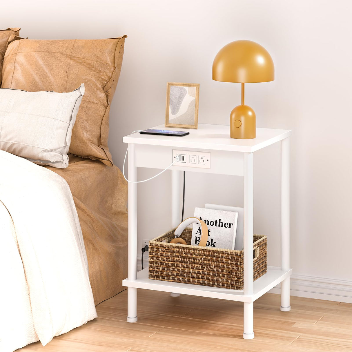 YUFAM End Table with Charging Station,Small Side Table,2-Tier Nightstand with Storage Shelf,Sofa Bedside Table for Small Spaces in Living Room,Bedroom,Office,Easy Assembly,White YUFAM