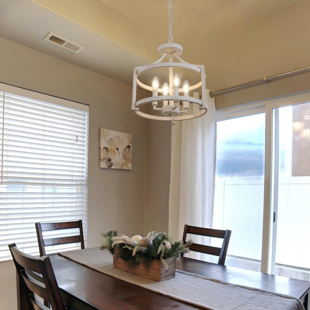 WBinDX 4-Light Farmhouse Chandelier, Distressed Hanging Pendant Lighting, Convertible Semi Flush Mount Ceiling Light Fixture Vintage White Metal Chandeliers for Dining Room Kitchen Foyer Entryway WBinDX