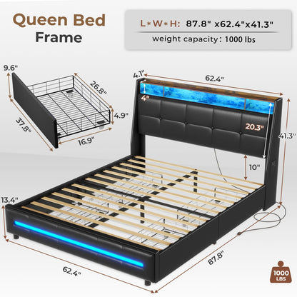 AOGLLATI Queen Bed Frame with LED Storage Headboard and Charging Station - WoodArtSupply