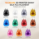 TECBEARS Silk Filament 1.75, Shiny Silk PLA Filament, 3D Printer Filament with Smooth Silky Surface, 250G Spool, 8 Rolls, Gold+Silver+Purple+Green+Blue+Pink+Orange+Red Copper TECBEARS