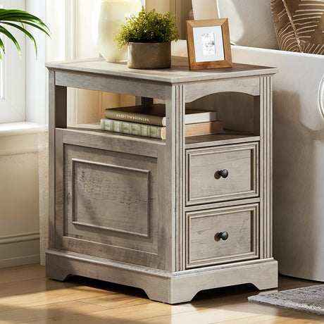 RALGEND Farmhouse End Table with 2 Drawers, Narrow Sofa Side Table with Storage and Open Shelf, Wooden Nightstand for Small Spaces, Bedroom, Living Room, Greige RALGEND