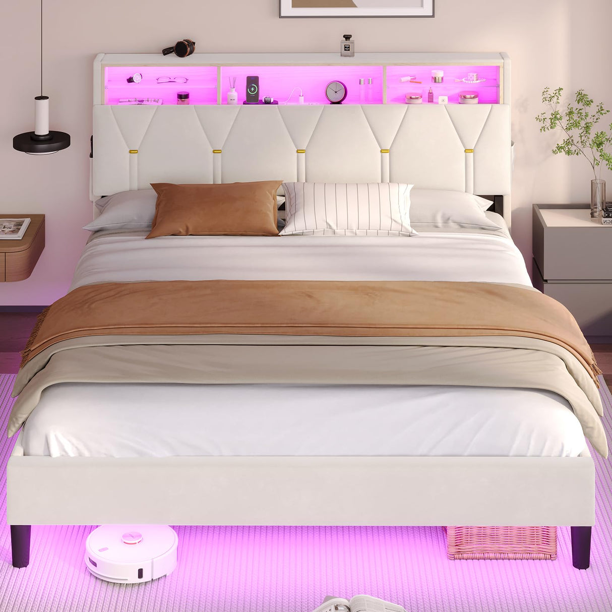 BTHFST Creamy White Velvet Queen Bed Frame with LED Lights & Charging Station BTHFST