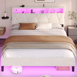 BTHFST Creamy White Velvet Queen Bed Frame with LED Lights & Charging Station BTHFST