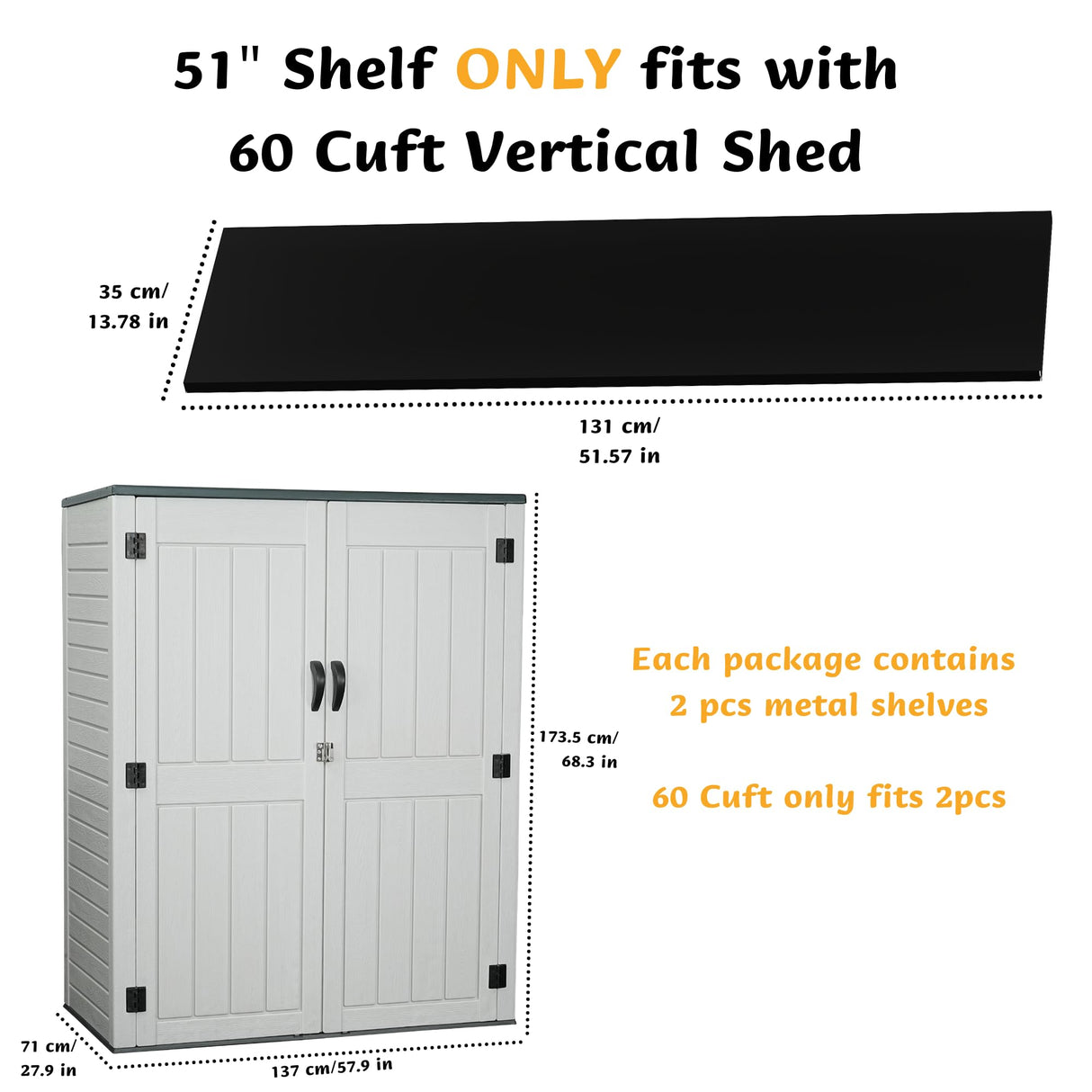 EHHLY Vertical Resin Storage Shed with 2 Shelves, 60 Cuft Garden Tool Sheds & Outdoor Storage, Plastic Outdoor Storage Cabinet Waterproof, 4.5 x 2.3 ft Backyard Outside Lawn Mower Storage Shed, White EHHLY