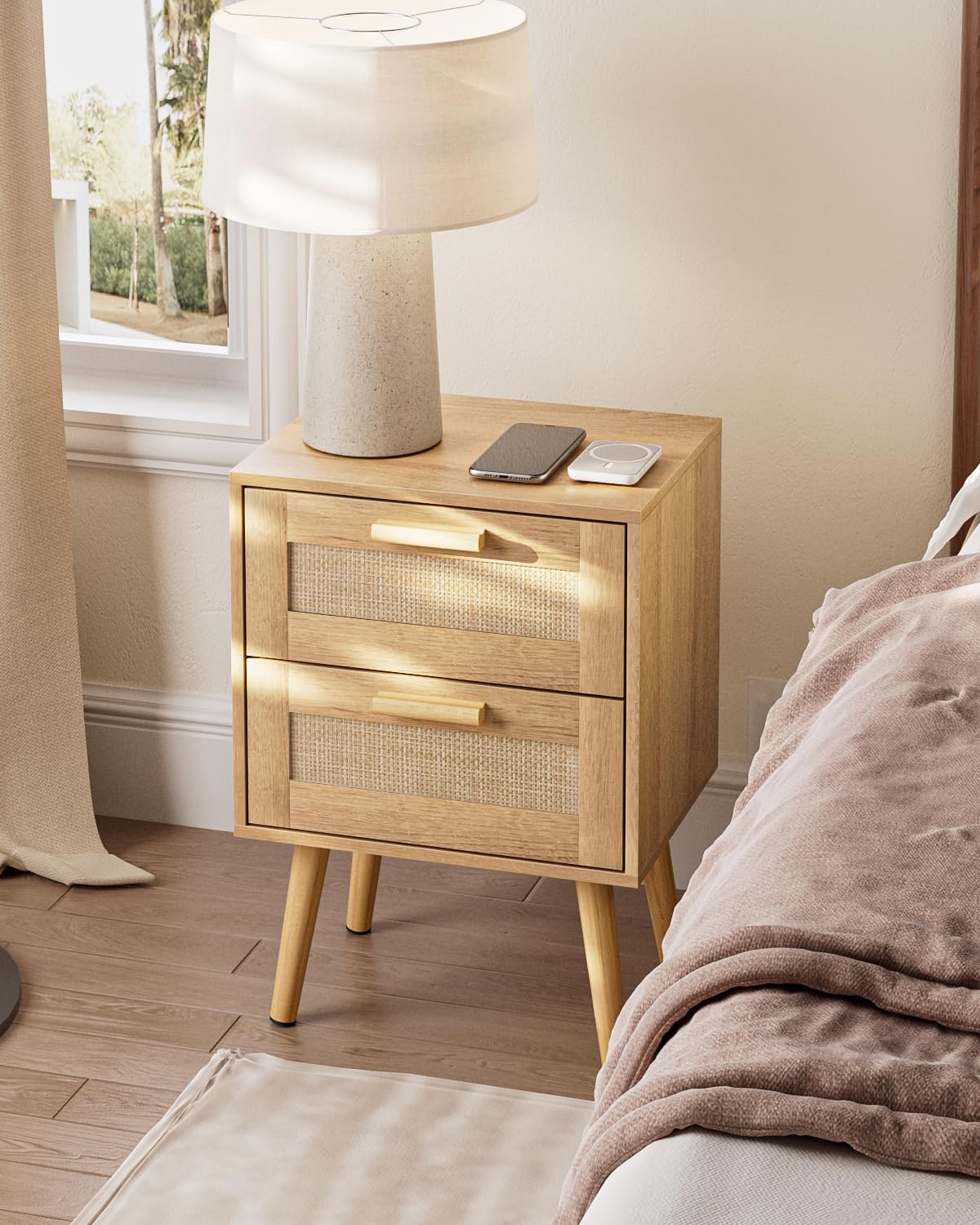 Masupu Rattan Night Stand,Modern nightstand Boho Bedside Table with 2 Drawer,Small End Side Table for Bedroom,Living Room,Office,Natural Masupu