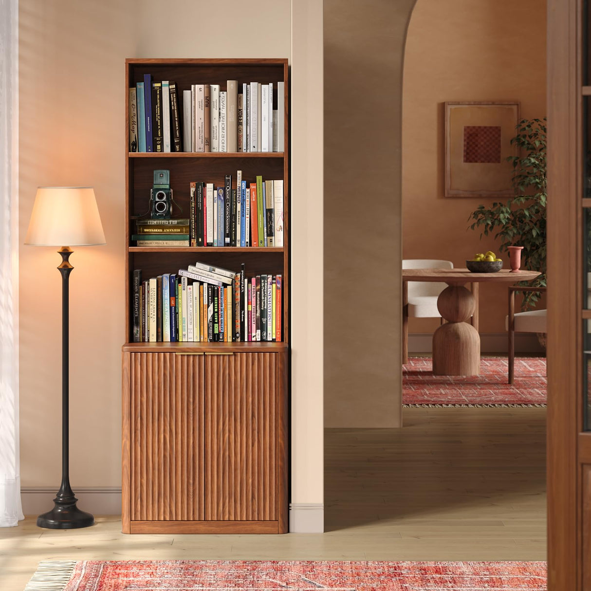 Hootata 71" Walnut Bookcase with Doors, 5 Tier Fluted Tall Bookshelf with Storage, Librero with Cabinet for Home Office, Living Room,or Bedroom Hootata