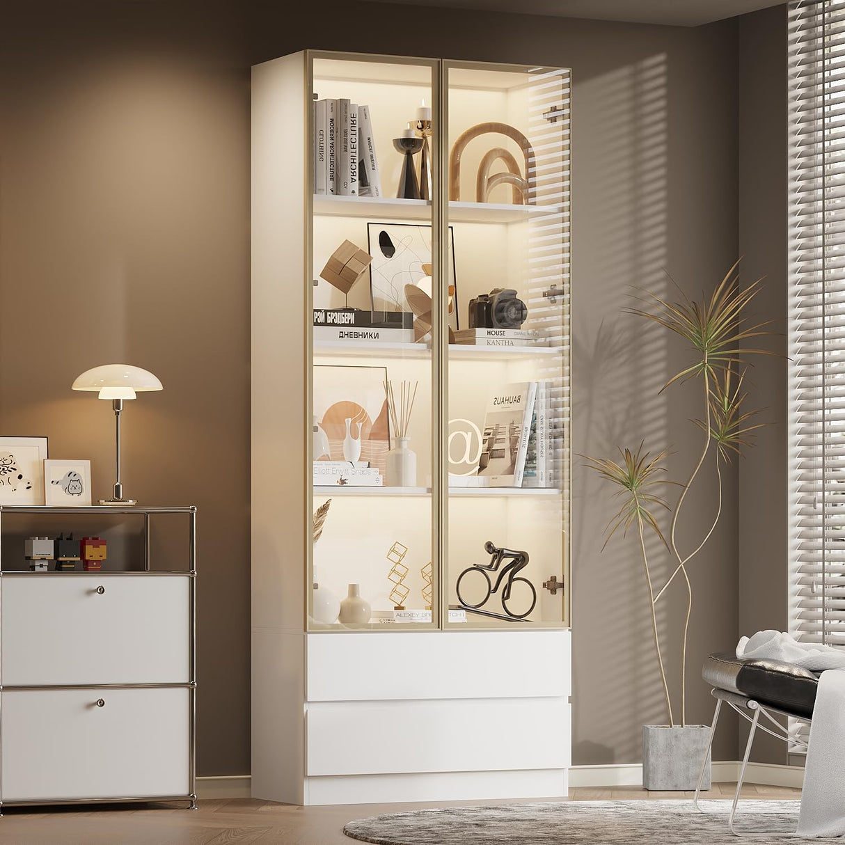 WOODTIME 78.7" H Display Storage Cabinet with Tempered Glass Doors & 3-Color Light, Wooden Curio Cabinet Bookcase Bookshelf with 4-Tier Shelves & 2 Drawers for Home Office Living Room Salon, White WOODTIME