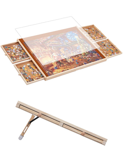 YISHAN Wooden Jigsaw Puzzle Board Table for 1000 Pieces with Drawers and Cover, Adjustable Puzzle Easel, Portable Tilting Puzzle Plateau for Adults and Children - WoodArtSupply