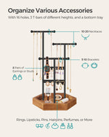 SONGMICS Jewelry Holder Organizer, 4 Independent Zones, Jewelry Display Stand, Metal Frame, Necklace Earring Bracelet Holder, for Rings, Valentine's Day Gift, Black and Caramel Brown UJJS03CB SONGMICS