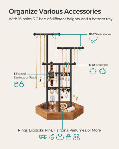 SONGMICS Jewelry Holder Organizer, 4 Independent Zones, Jewelry Display Stand, Metal Frame, Necklace Earring Bracelet Holder, for Rings, Valentine's Day Gift, Black and Caramel Brown UJJS03CB