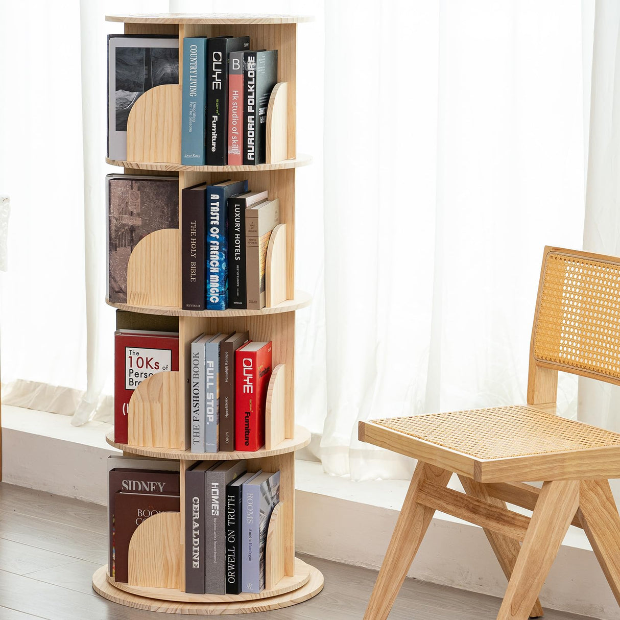BUYWAY 360° Rotating Solid Wood Bookshelf Tower - Versatile 4-Tier Bookcase for Kids & Adults in Natural Finish BUYWAY