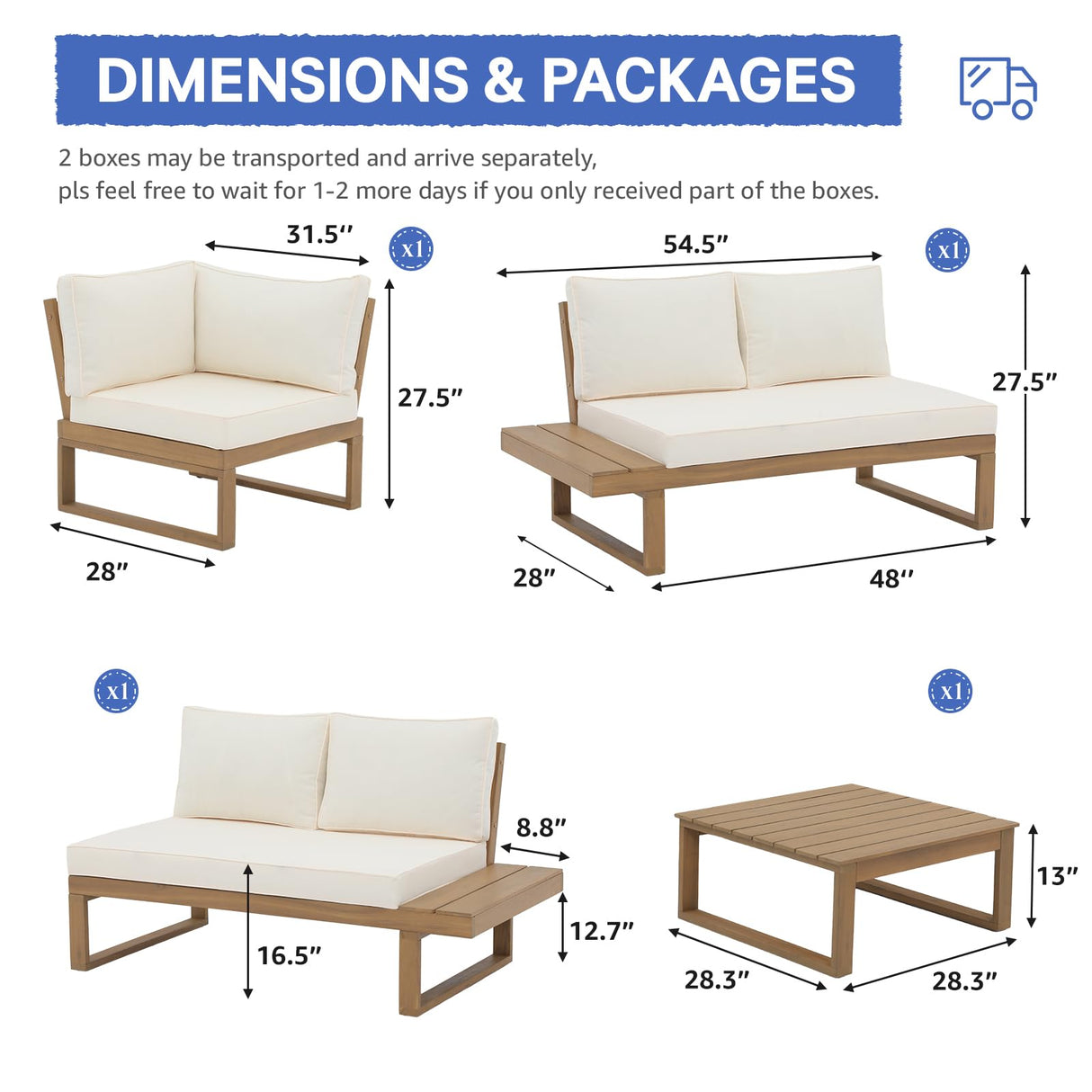 Soleil Jardin 4 Piece Acacia Wood Patio Furniture L-Shaped Outdoor Sectional Sofa Set with Coffee Table, FSC Certified Conversation Set with Built-in Side Table and Cream White Cushions for Garden Soleil Jardin