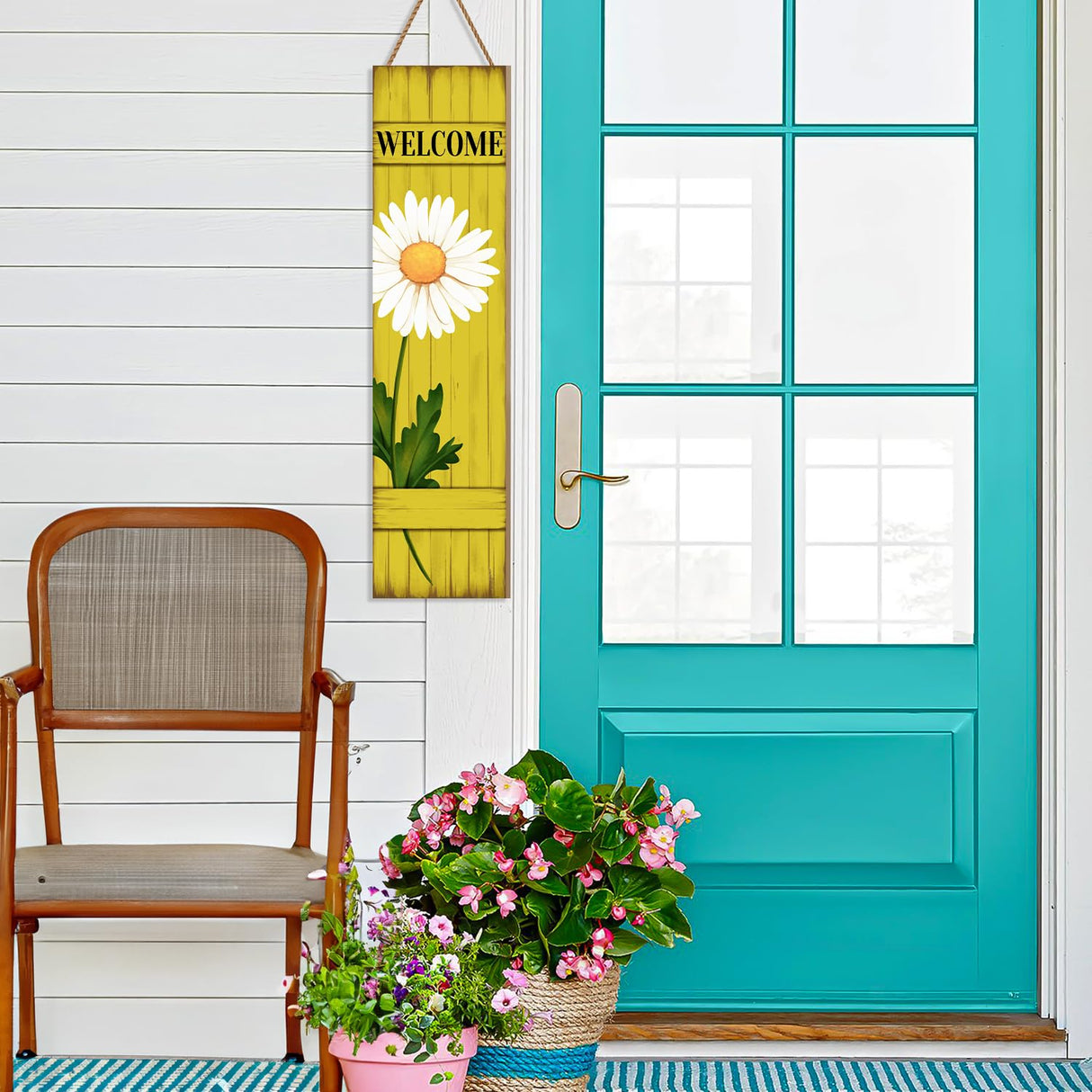 Spring Welcome Wooden Sign, Rustic Daisy Porch Sign for Front Door Decorations, Hello Spring Decor Home Hanging Signs Wall Sign 31.5"H PEROUU