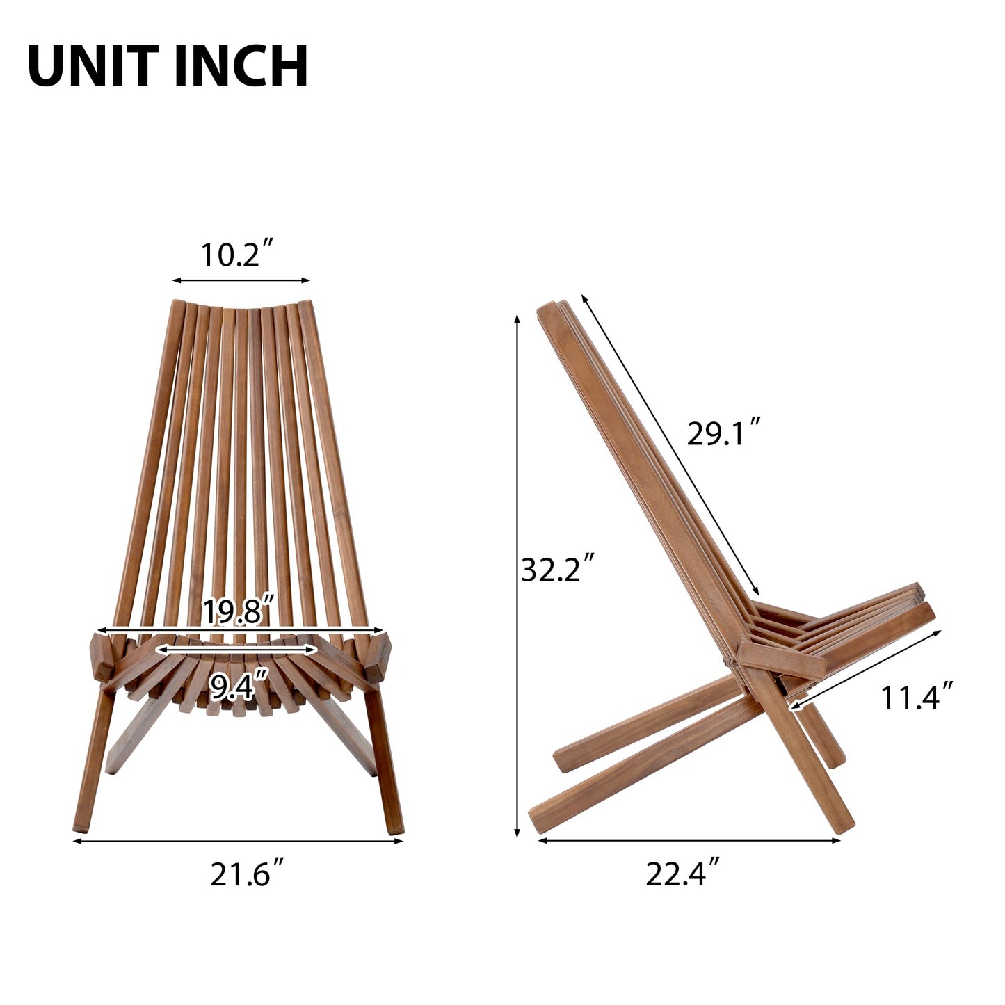 Knocbel Folding Chair, Wooden Low Profile Lounge Chair, Outdoor Patio for Solid Acacia Wood Porch Deck Lawn Garden Adirondark Chairs, Fully Assembled, 21.6" W x 30" D x 32.2" H