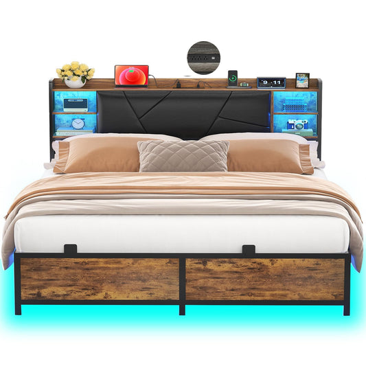 Unikito Vintage Queen Size Bed Frame with RGB LED Lights, USB Charging, and Storage Headboard - WoodArtSupply