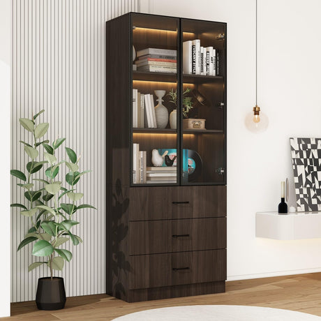 FAMAPY Display Cabinet with Glass Doors & Lights, Display Case with 3-Tier Shelves & 3 Drawers, for Curio Trophy Living Room Home Office, Brown, 15.7”D x 31.5”W x 78.7”H FAMAPY