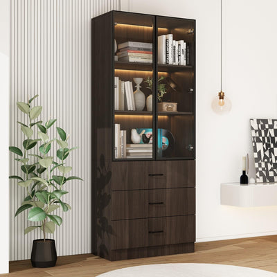 FAMAPY Display Cabinet with Glass Doors & Lights, Display Case with 3-Tier Shelves & 3 Drawers, for Curio Trophy Living Room Home Office, Brown, 15.7”D x 31.5”W x 78.7”H
