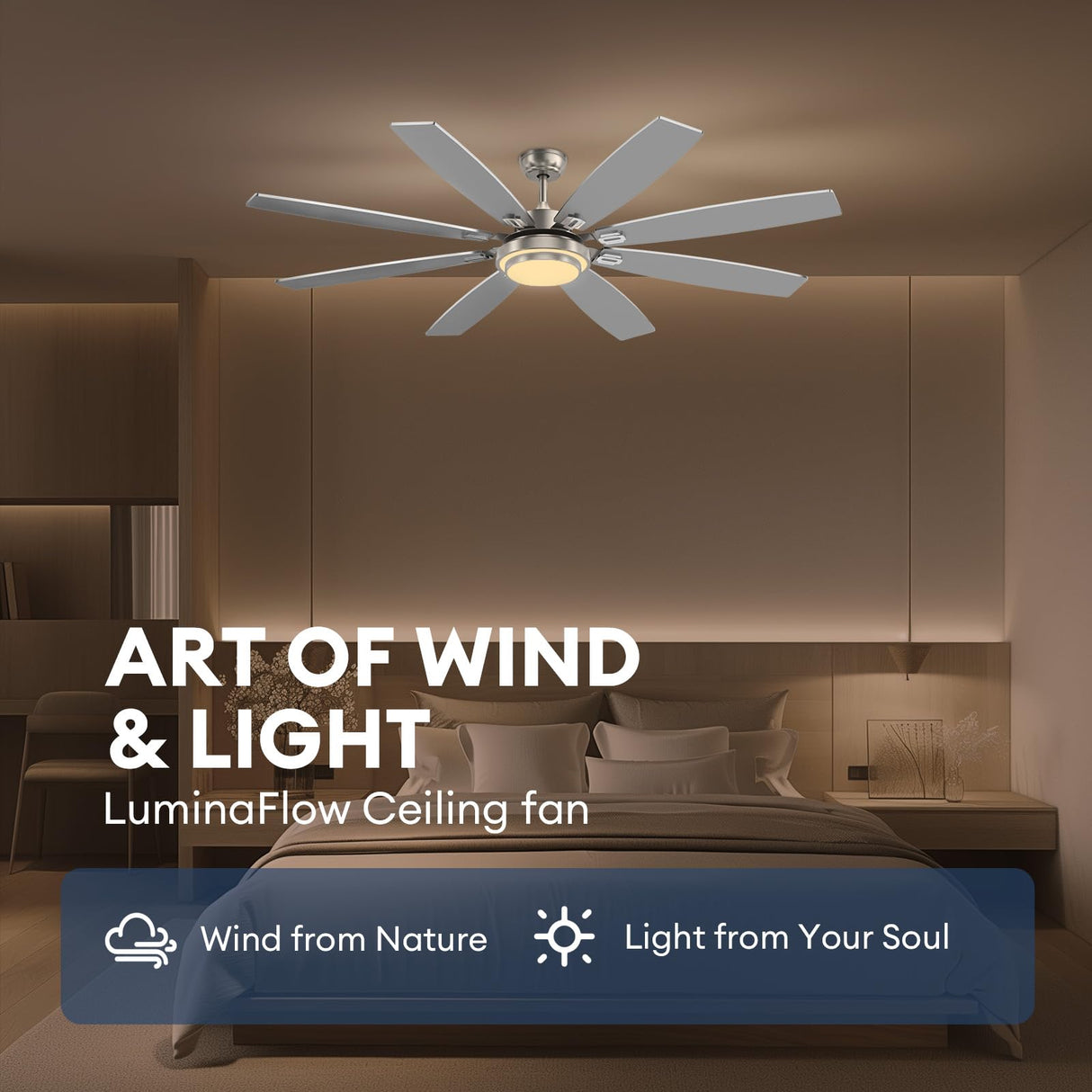 SNZ 72 Inch Large Ceiling Fans with Lights and Remote, Nickel Ceiling Fan with Quiet Reversible DC Motor, 3 CCT Dimmable LED, Modern 8 Blades Fan for Living Room, Patio, Indoor and Outdoor SNZ