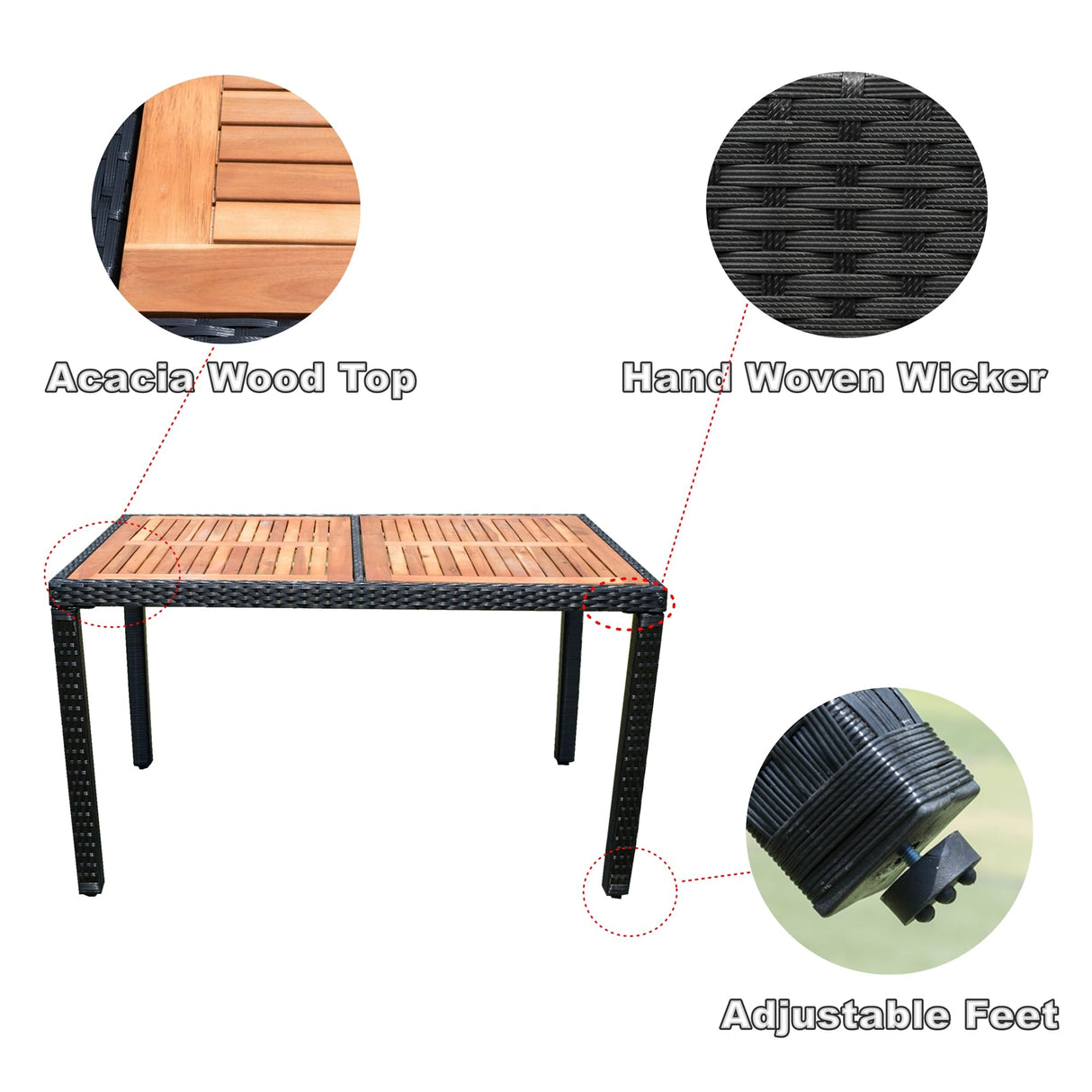 Goohome 7 Piece Outdoor Dining Set, Patio All-Weather Wicker ConversationSet Furniture W/Acacia Wood Top, Water-Resistant Cushions, Adjustable Table Feet, for Porch, Garden, OneSize, E-Black Goohome