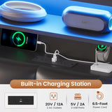 AOGLLATI Full Bed Frame with Stylish Bookcase Headboard & Charging Station & LED Lights,Full Size Bed Frame with 4 Storage Drawers, Led Bed Frame with Metal Slats, No Box Spring Needed,Black AOGLLATI