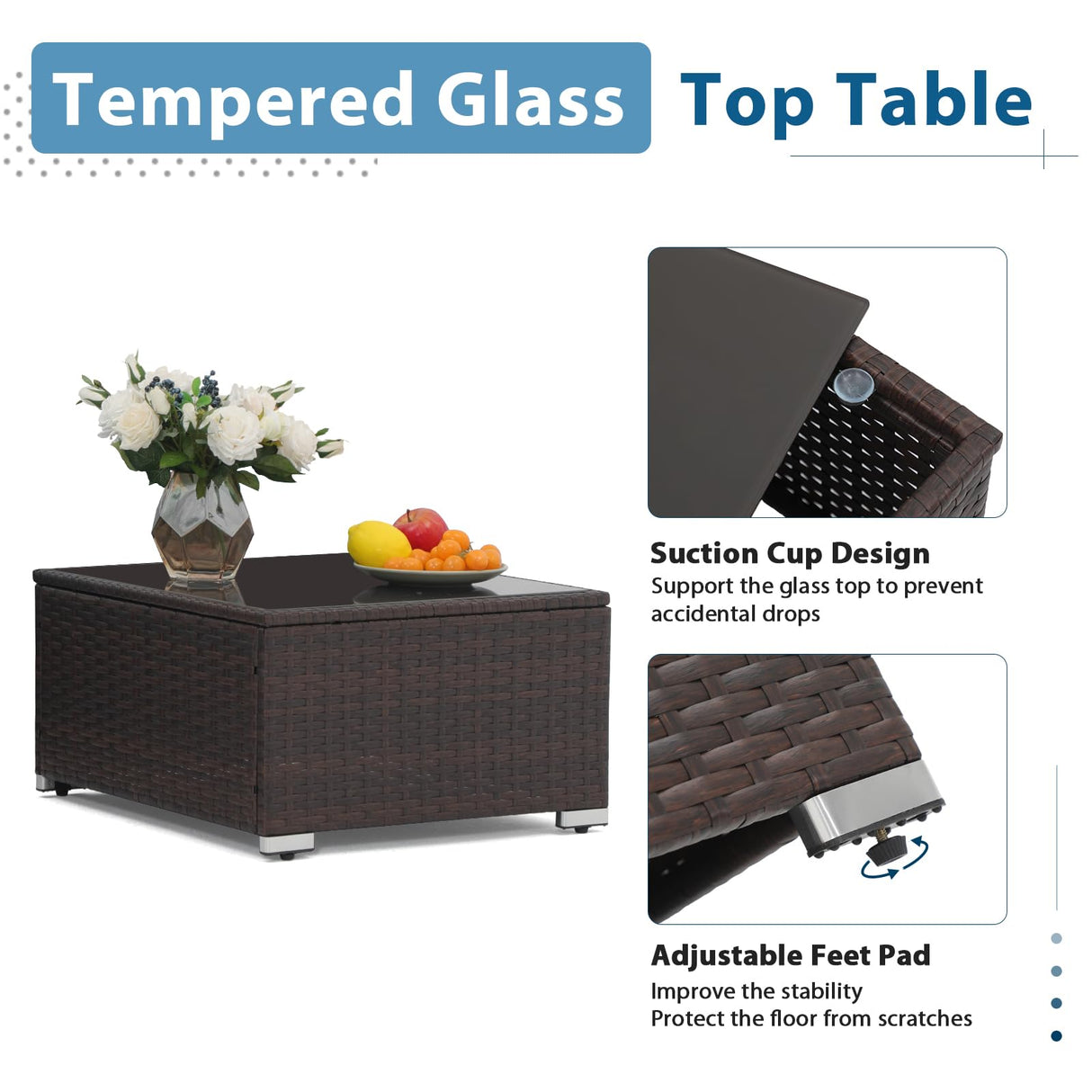 JOIVI Outdoor Wicker Sectional Furniture Set, 3 Piece Patio Furniture with Tempered Glass Coffee Table, Turquoise JOIVI