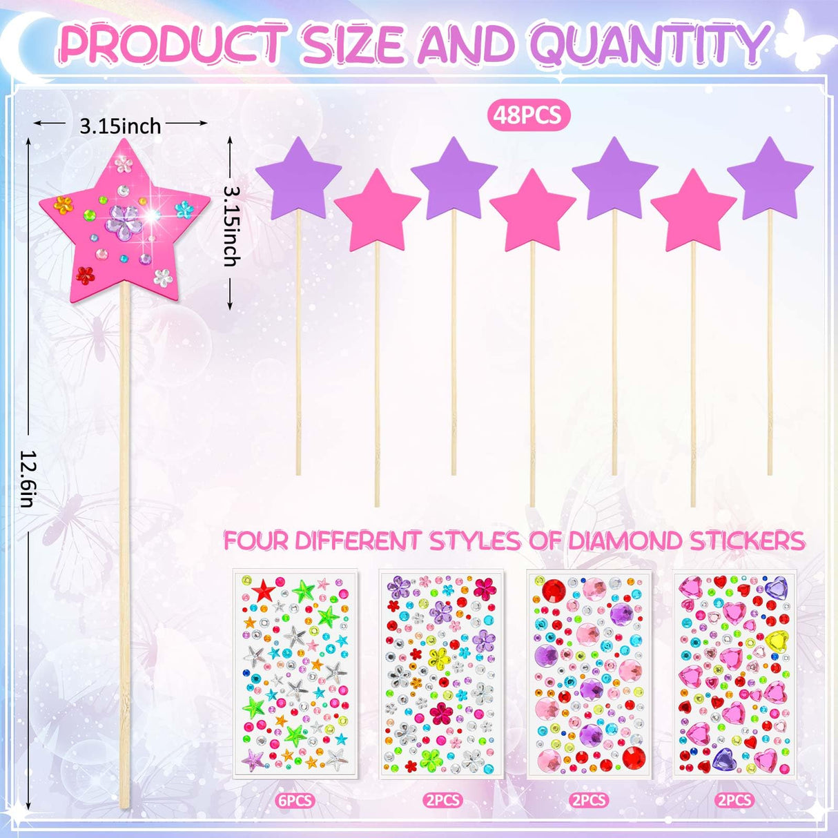 Juexica 60 Pcs Princess Fairy Wand Kit Includes 48 Make Your Own Princess Craft Unfinished Wooden Fairy Wand and 12 Gem Stickers for Girls DIY Magical Crafts Juexica