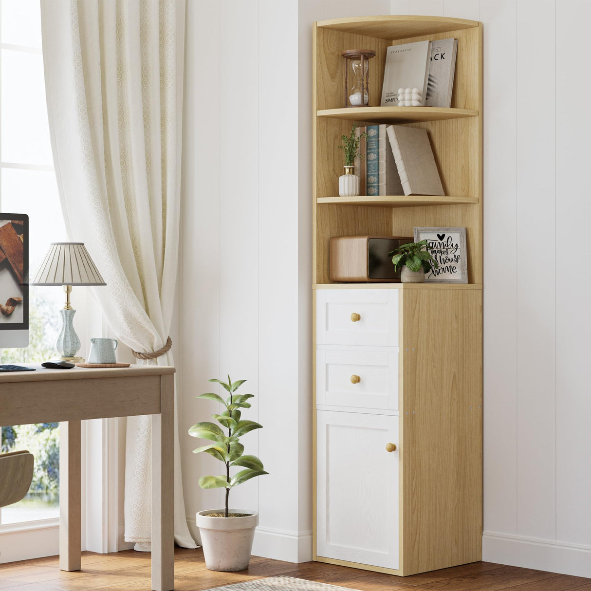 IRONCK Corner Bookshelf and Bookcase, 71" H Wooden Book Shelves 3 Tier with Drawers and Storage Cabinet for Living Room, Office, Bedroom, Oak and White IRONCK