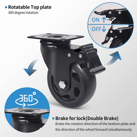 5 Inch Caster Wheels, Casters Set of 4, Heavy Duty Casters with Brake 2200 Lbs,Swivel Caster Wheels with Top Plate, Industrial Caster Wheels for Workbench, Cart, Furniture YAEMIKY