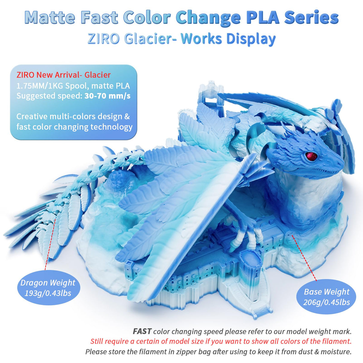 ZIRO Color Change Filament, Matte Multi Colors 3D Printer Filament, Faster Color Change by Length PLA, Dimensional Accuracy +/-0.03mm, 1KG/ 2.2lbs Spool, Fit Most FDM 3D Printer, Glacier ZIRO