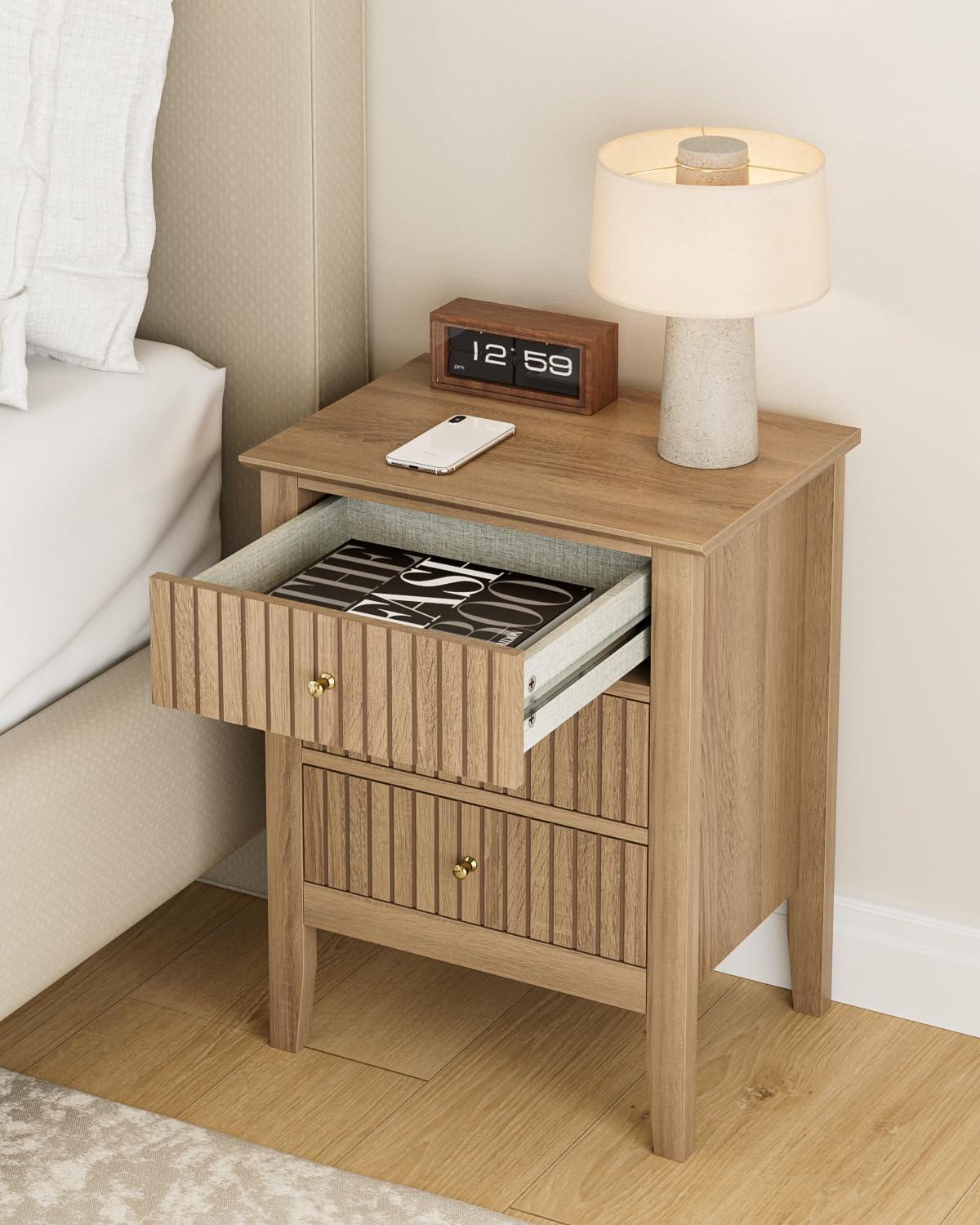 Apetaccat Fluted Nightstand, Farmhouse Night Stand with 3 Drawers, Mid Century Modern Side Accent Table,Bedside End Table for Bedroom, Living Room, Natural Apetaccat