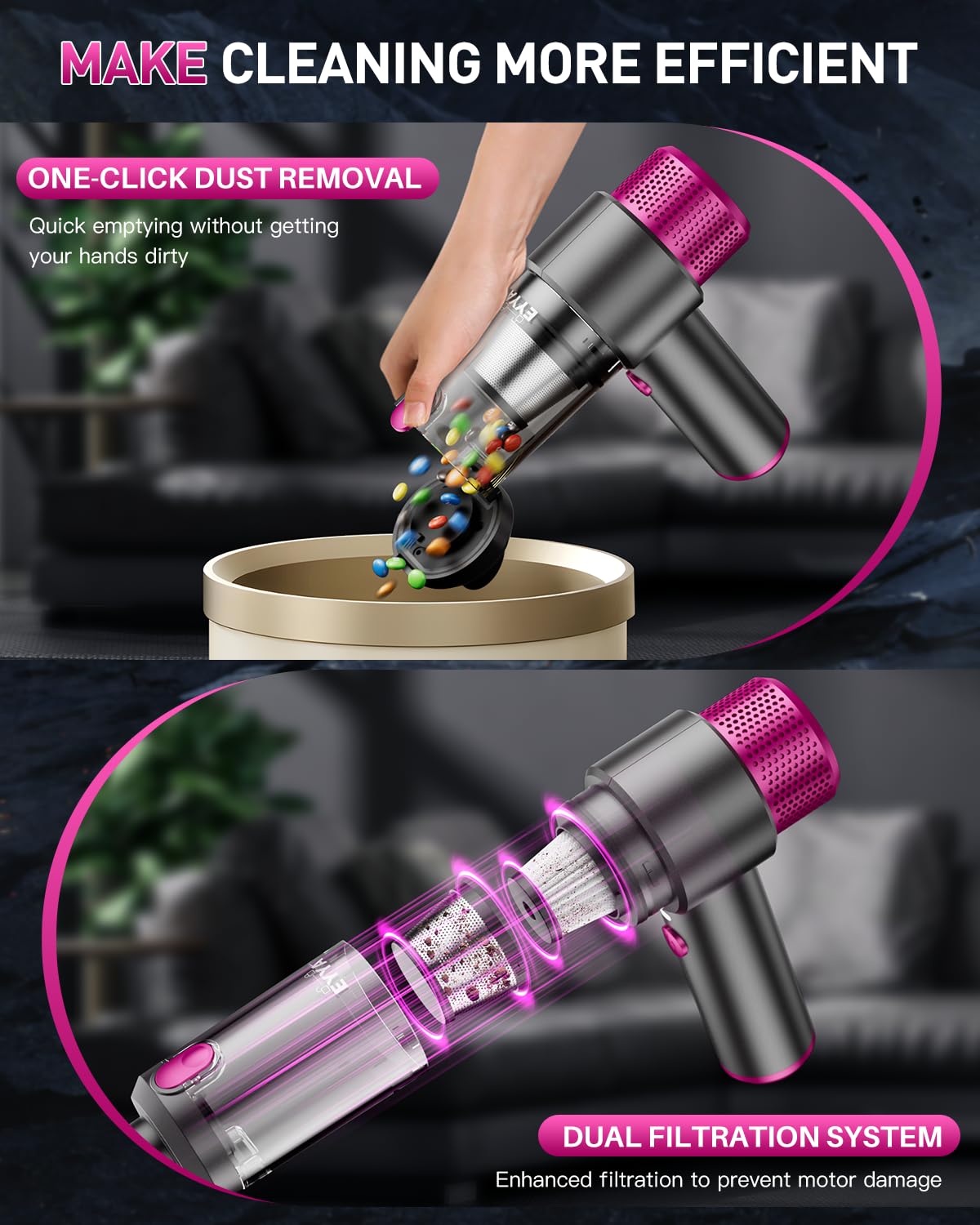 EYYA Handheld Car Vacuum Cleaner Cordless, 15000PA High Power Car Vacuum Cleaner & Air Duster, 4-in-1 Portable Mini Car Vacuum Cleaner with LED Light, Hand Held Vacuum Cleaner for Car Home Office EYYA