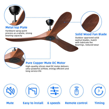 Obabala Ceiling Fans without Lights,42 inch Ceiling Fan with Remote Control Outdoor/Indoor Ceiling Fan 6-Speed Noiseless DC Motor Wood Blades - Dark Walnut