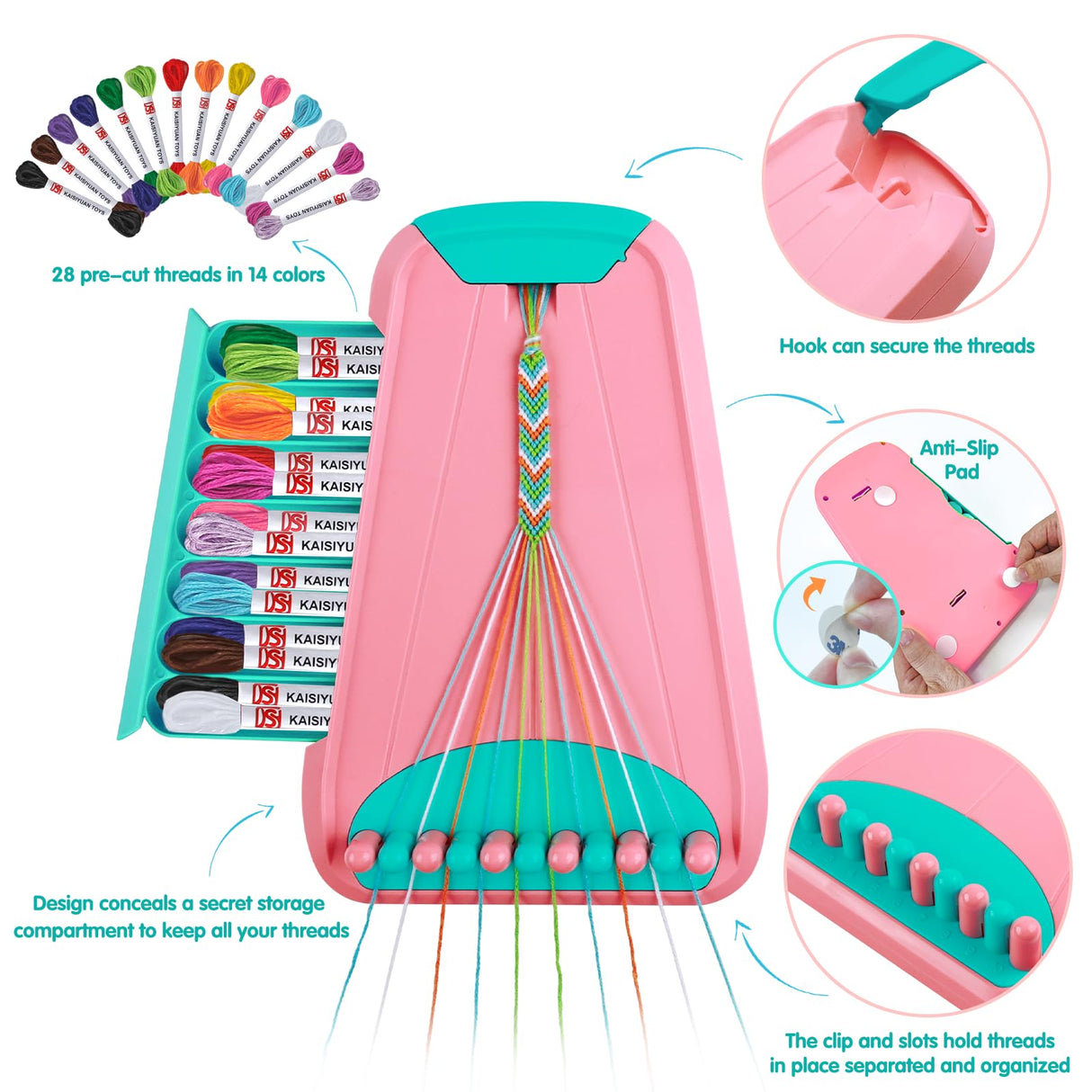 Arts and Crafts for Kids Ages 8-12,Friendship Bracelet Making Kit for Girl,Kids Jewelry Making Kit with 28 Pre-Cut Threads,Christmas Birthday Gifts for Ages 6 7 8 9 10 11 12 Year Old Pink/Cyan Maynacs